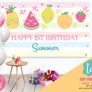 Tutti Frutti Birthday Banner Instant Download 60x36 Sweet One Birthday Welcome Sign Large Editable Tutti Frutti Backdrop Sweet One Corjl