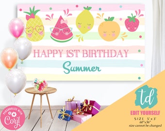 May include: A colorful banner with a summer theme featuring fruit characters with happy faces. The banner says "HAPPY 1ST BIRTHDAY Summer" and is 60 inches by 36 inches.