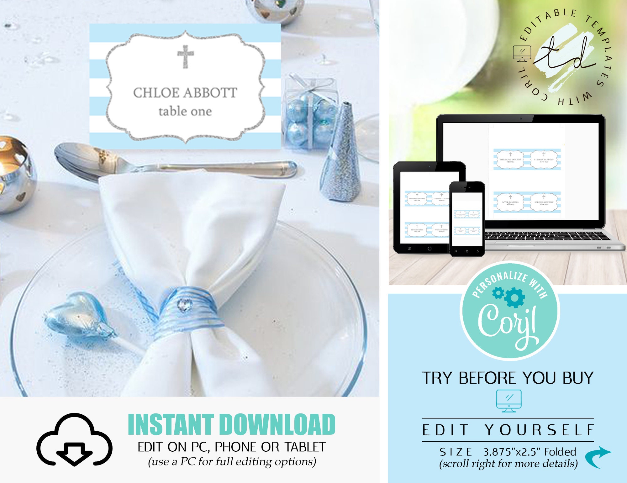 Blue Baptism Place Cards Download Place Cards Baptism Name Etsy Australia