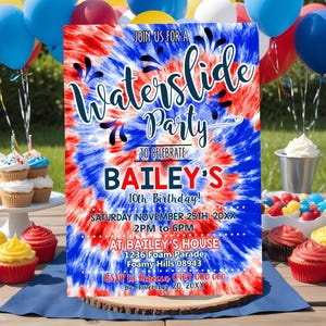 WATERSLIDE PARTY Invitation Boy Tie Dye Water slide Party Invitation Red White Blue Editable Waterslide Party Invitation Instant Download