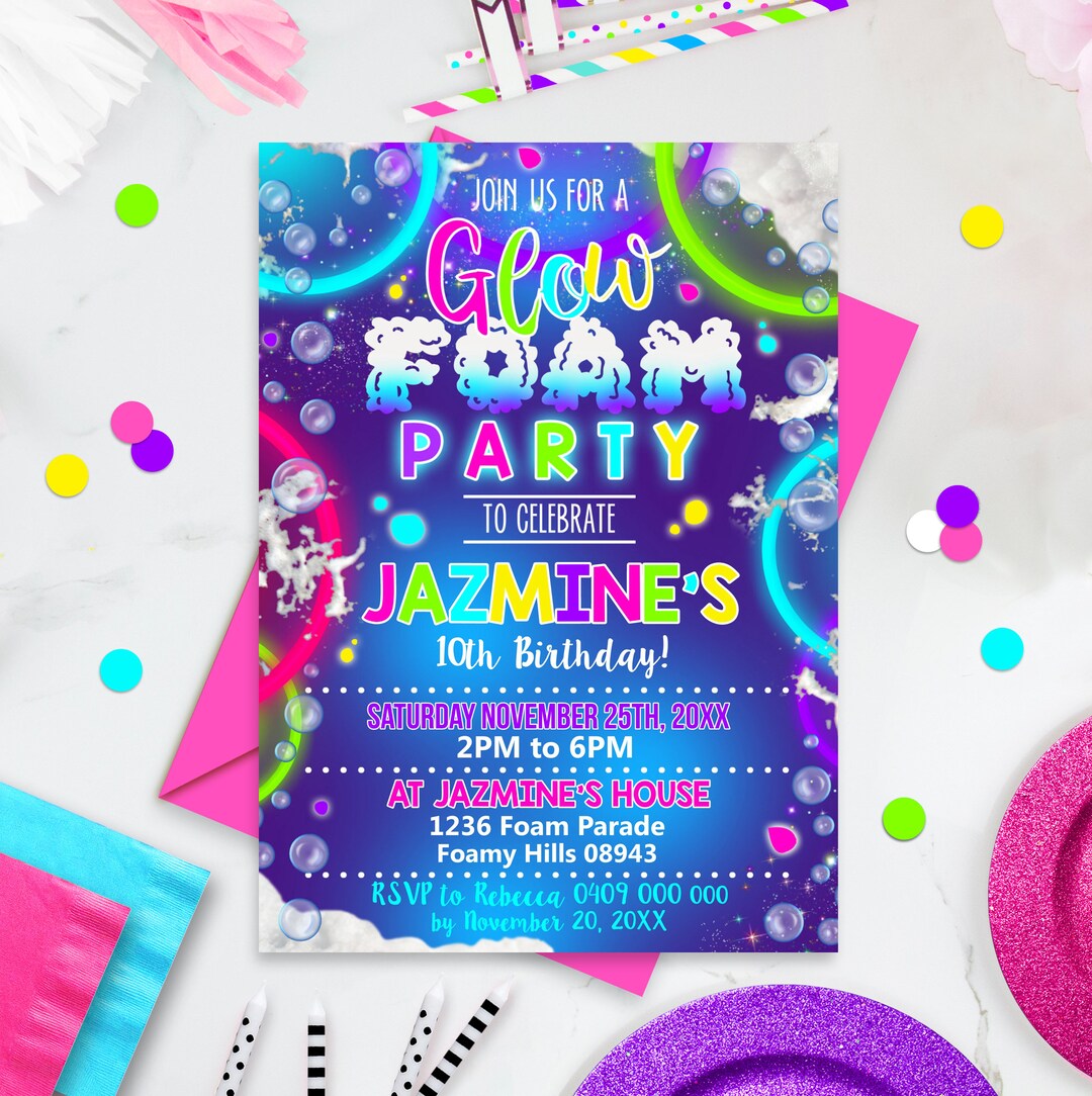 GLOW FOAM Party Birthday Invitation Digital Foam Birthday Party