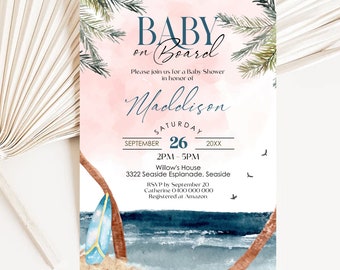 BABY ON BOARD Baby Shower Invitation Editable Surf Beach Baby Shower Invitation Surfboard Baby Shower Invitation Digital Summer Baby Shower