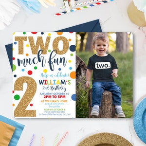 DOS MUCHAS DIVERSIONES Invitación de cumpleaños Editable Confetti Photo 2nd Birthday Invitation Instant Download Boy 2nd Birthday Invitation colores primarios