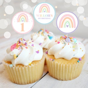 Rainbow Cupcake Toppers Instant download Modern Rainbow Cupcake Toppers Editable Pastel Rainbow Cupcake Toppers Printable Pink Rainbow