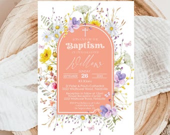 Puede incluir: Una invitación de bautismo floral rosa y blanca con un diseño de acuarela. La invitación presenta una cruz, el texto "Únase a nosotros para el bautismo de nuestra hija Willow", y la fecha y hora del evento. La invitación también incluye la ubicación de la ceremonia y la recepción.