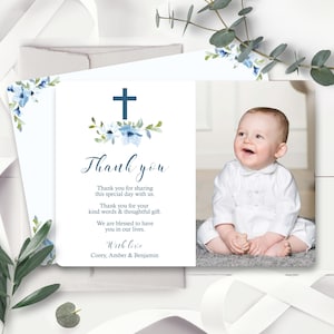 Carte de remerciement de baptême photo florale bleue Téléchargement instantané Baptême modifiable Merci Garçon Photo baptême Merci Baptême modifiable Corjl