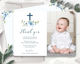 Blue Floral Photo Baptism Thank you Card Instant Download Editable Baptism Thank you Boy Photo Christening Thank you Editable Baptism Corjl