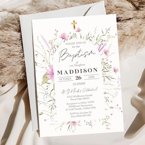 BAPTISM INVITATION GIRL Instant Download Girl Baptism Invitation Wildflower Baptism Invitation Girl Christening Invitation Pink Gold B02