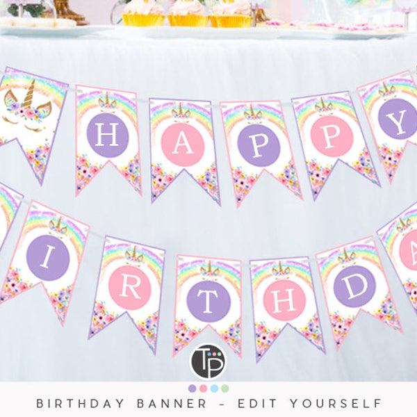 Rainbow Unicorn Banner Editable Rainbow Unicorn Bunting Rainbow Unicorn Happy Birthday Banner Rainbow Unicorn Party Decor Printable 0210