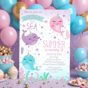 NARWHAL Birthday Invitation Instant Download Narwhal Under the Sea Invitation Editable Narwhal Invitations Corjl Template Narwhal Party 1E