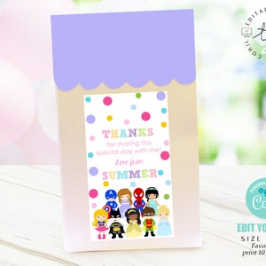 PRINCESS SUPERHERO FAVOR tag Editable Princess Superhero Treat Bag Tag Corjl Favor Tags Printable Princess Superhero Party Decorations