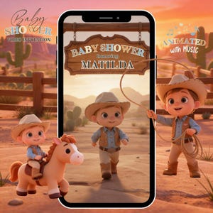Puede incluir: Una invitación de video digital para baby shower con tema de vaquero. La invitación muestra el texto "Baby Shower honoring Matilda" en un letrero de madera. También se muestran personajes de vaqueros animados y un caballo en un paisaje desértico.