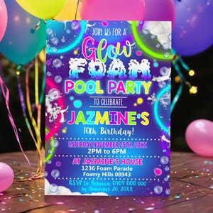 GLOW FOAM POOL Party Birthday Invitation Foam Birthday Party Editable Foam Party Neon Bubble Foam Party Invitation Instant Download Corjl