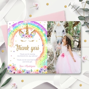 Rainbow Unicorn Thank You Card: Photo Party (DIY Editable)