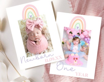 May include: Two photo cards with rainbow designs. The first card shows a newborn baby girl in a pink swaddle with the text "Newborn 11.09.XX". The second card shows a baby girl in a blue dress with the text "One Year".