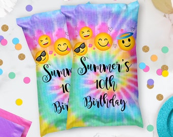 EMOJI Chip Bag Printable Emoji Tie Dye Chip Bag Editable Emoji Candy Bag Emoji Favors Printable Chip Wrapper Emoji Party Decorations Rainbow