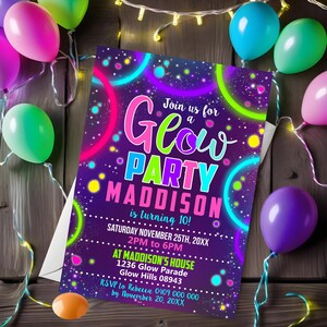 May include: A purple invitation with neon green, pink, and blue glow circles. The text reads "Join us for a Glow Party Maddison is turning 10! Saturday November 25th, 20XX 2PM to 6PM at Maddison's House 1236 Glow Parade Glow Hills 08943 RSVP to Rebecca 0409 000 000 by November 20, 20XX".