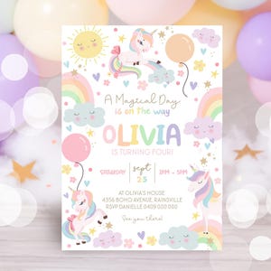 RAINBOW UNICORN Birthday Invitation Editable Magical Unicorn Party Invite Pastel Rainbow Unicorn Birthday Download Whimsical Unicorn U1