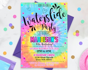 WATERSLIDE PARTY Invitation Girl Tie Dye Water slide Party Invitation Editable Waterslide Party Invitation Instant Download Invitation Corjl