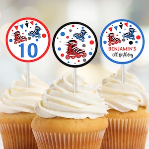 May include: Three round cupcake toppers with a roller skate theme. One topper has a red, white, and blue color scheme with the number 10 in the center. Another topper has a black, white, and red color scheme with a red roller skate. The third topper has a blue, white, and black color scheme with the text "BENJAMIN'S 10th Birthday".