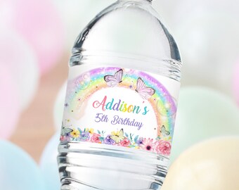 Etiketten waterfles regenboogvlinder: bewerkbare verpakking feestdrankjes (digitale download)