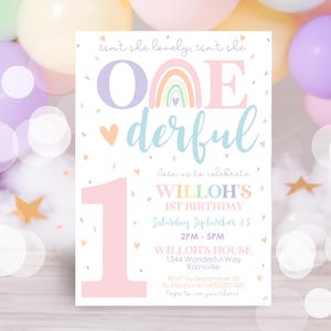 RAINBOW 1st Birthday Invitation Editable Isnt she lovely Isnt she Onederful Invitation Digital Modern Rainbow First Birthday Invite Pastel