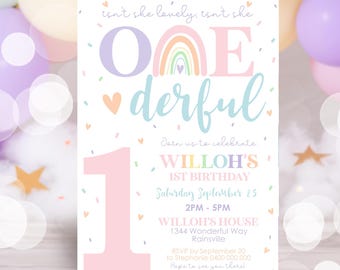 Rainbow 1st Birthday Invitation: Editable Pastel Design (Digital)