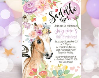Floral Horse Birthday Invitation: Saddle Up Party (Digital Download)