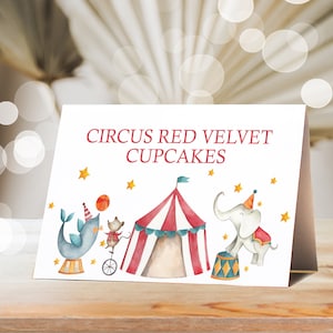Cartes de tente CIRCUS FOOD à téléchargement immédiat Étiquettes de nourriture de cirque Cartes de tente de nourriture de cirque modifiables Étiquettes de buffet de cirque Panneaux de nourriture de cirque Corjl