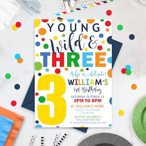 THIRD BIRTHDAY INVITATION Young Wild and Three Birthday Invitation Editable Confetti 3rd Birthday Invitation Instant Download Boy 3rd Party