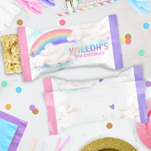 May include: A white and purple snack bag with a rainbow and clouds design. The bag has the text "Willoh's 9th Birthday" printed on it.