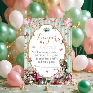 Alice in Wonderland DIAPER RAFFLE CARD, Instant Download Diaper Raffle Card, Diaper Ticket, Alice in Wonderland Baby Shower, Girl Baby, 0263