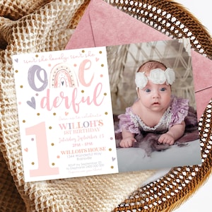 BOHO RAINBOW 1st Birthday Invitation Photo Editable Isnt she lovely Isnt she Onederful Invitation Digital Modern Rainbow First Birthday