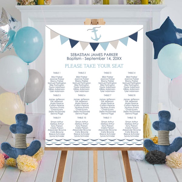 Nautical SEATING CHART Instant DOWNLOAD 16 x 20 Seating Sign Anchor Table Seating Sign Boy Baptism Navy Gold Baptism Seating Chart Corjl