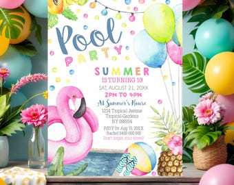 Flamingo Pool Party Invitation: Editable Girl's Swim Party (Digital Download 5x7" Template)