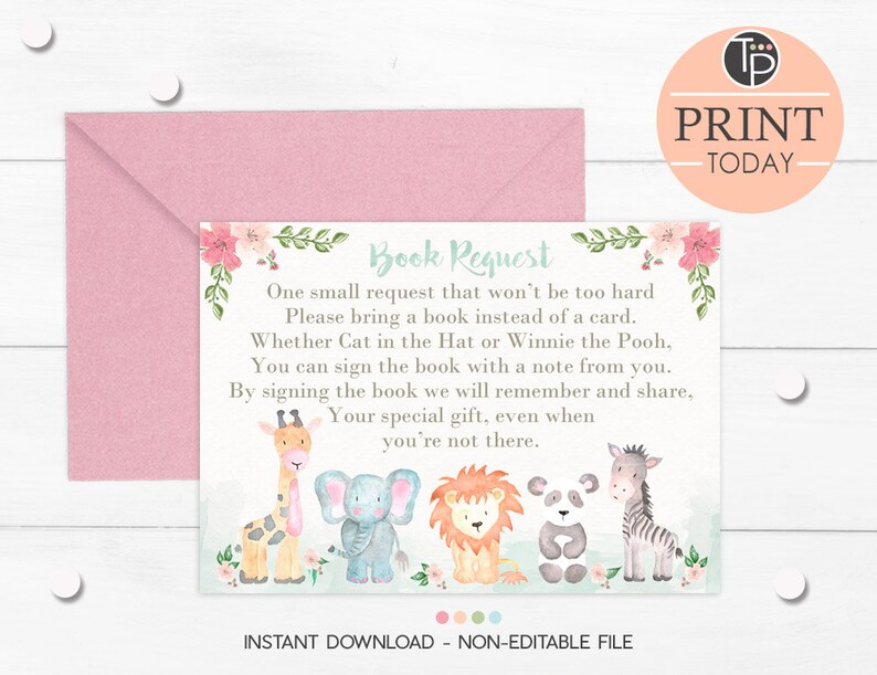 Girl Jungle Animal Baby Shower, Girl Jungle Animal Book Request Card, Instant Download Jungle Animal Book Card, Girl Jungle Animals, 0246 image 1