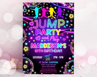 May include: Neon pink, blue, and green glow-in-the-dark invitation for a 10th birthday party. The invitation says "Jump Party and Play Maddison's 10th Birthday!" with a date and time of Saturday, September 25th, 2 PM to 5 PM. The invitation also includes the location, "At Glow Jumping, 1236 Jump Parade, Glow Hills 08943", and RSVP information.