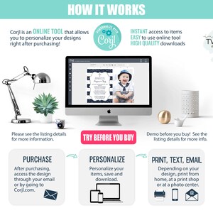 May include: A computer screen showing a blue and white printable design with a baby boy in a sailor outfit. The text on the screen says "Baptism Boy". The image is a mockup of a printable design that can be personalized using the Corjl online tool. The text on the screen says "Try Before You Buy".