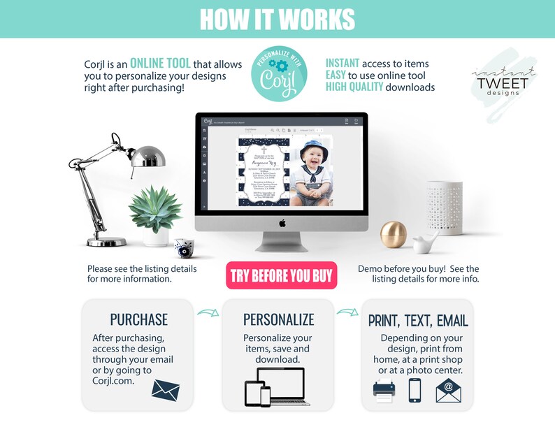May include: A computer screen showing a blue and white printable design with a baby boy in a sailor outfit. The text on the screen says "Baptism Boy". The image is a mockup of a printable design that can be personalized using the Corjl online tool. The text on the screen says "Try Before You Buy".