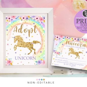 UNICORN ADOPTION CERTIFICATE Unicorn Party Unicorn Game Adopt a Unicorn Rainbow Unicorn Party Adopt a Unicorn Certificate and Sign 0243