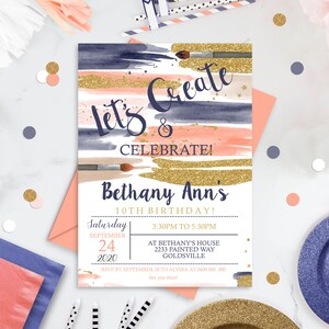 Puede incluir: Una invitaci&oacute;n de cumplea&ntilde;os en acuarela rosa y azul con detalles de purpurina dorada. La invitaci&oacute;n dice "Let's Create & Celebrate!" y presenta el nombre "Bethany Ann's 10th Birthday!" con la fecha y la hora de la fiesta.