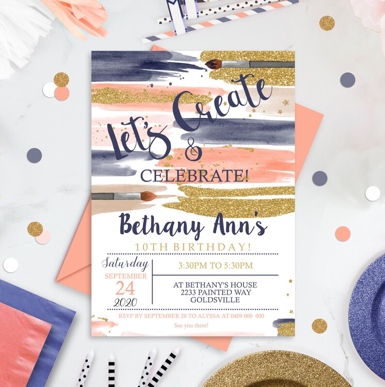 Puede incluir: Una invitaci&oacute;n de cumplea&ntilde;os en acuarela rosa y azul con detalles de purpurina dorada. La invitaci&oacute;n dice "Let's Create & Celebrate!" y presenta el nombre "Bethany Ann's 10th Birthday!" con la fecha y la hora de la fiesta.