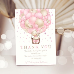 MÄDCHEN TEDDYBÄR Heißluftballon Danke Karte Bearbeitbare Braunbär Ballon Babyparty Danke Karte Digitaler Bär Danke Bärisch Warten B2
