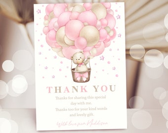 GIRL TEDDY BEAR Hot Air Balloon Thank You Card Editable Brown Bear Balloon Baby Shower Thank you Card Digital Bear Thank You Bearly Wait B2