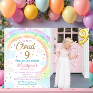 RAINBOW CLOUD 9 Birthday Photo Invitation: Editable Clouds Ninth Party Evite (Digital Download)