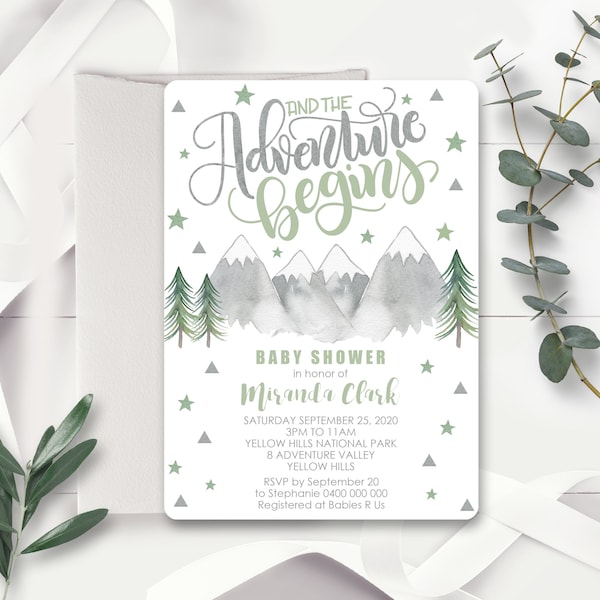 Gender Neutral ADVENTURE BEGINS Baby Shower Invitation Green Adventure Baby Shower Invitation Green Adventure Baby Invitation Editable 0234