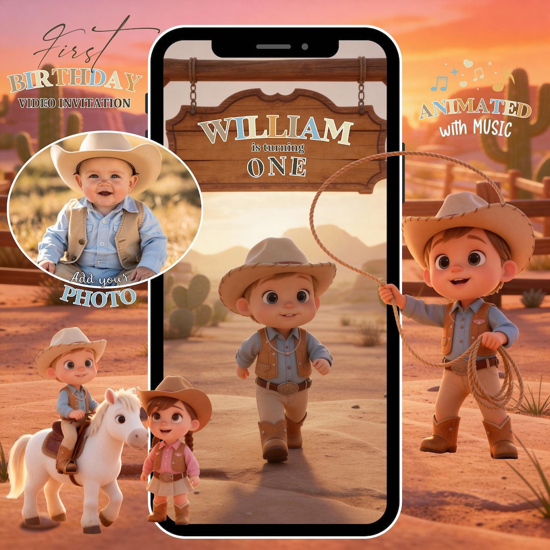 Cowboy First Birthday Video Invitation: Animated Western First Rodeo ...