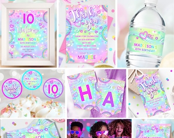 May include: A neon rainbow birthday party bundle with various items. Includes a framed sign, thank you cards, water bottle labels, cupcake toppers, a candy bar wrapper, and a cupcake sign. The design features hearts, rainbows, and the text "MADDISON'S 10TH BIRTHDAY!"