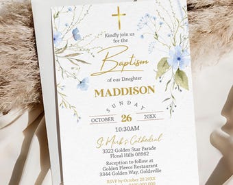 Boy Baptism Invitation: Blue Gold Floral (DIY Editable Download)