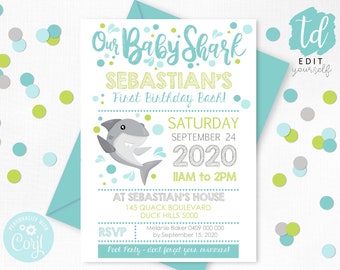 SHARK INVITATION Instant Download Shark Party Invitation Baby Shark Invitation Shark Birthday Invitation Boy Pool Party Shark Party Corjl